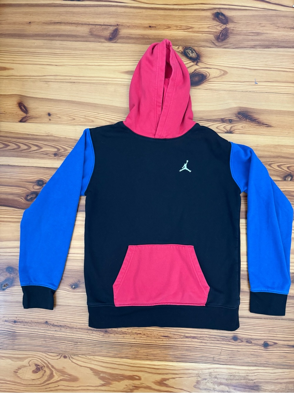 Jordan Nike Youth Colorblock Hoodie - Black/Red/Blue size Large (12 years)